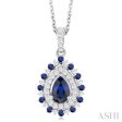 1 4 ctw Floral 6X4 MM Oval & 1.55 MM Round Cut Sapphire and Round Cut Diamond Precious Pendant With Chain in 14K White Gold For Sale