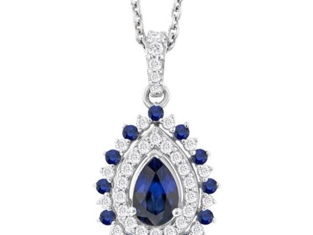 1 4 ctw Floral 6X4 MM Oval & 1.55 MM Round Cut Sapphire and Round Cut Diamond Precious Pendant With Chain in 14K White Gold For Sale