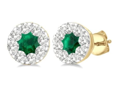 1 2 ctw Lovebright 3.3MM Emerald and Round Cut Diamond Precious Stud Earring in 14K Yellow & White Gold Online Sale