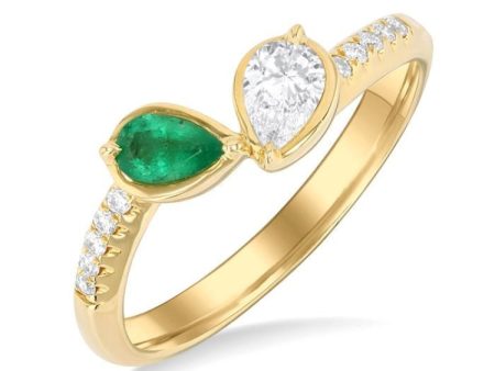 1 3 ctw Toi Et Moi 5X3MM Pear Cut Emerald and 1 4 ctw Pear & Round Cut Diamond Precious Fashion Ring in 14K Yellow Gold For Sale