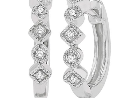 1 10 Ctw Circular & Rhombus Mount Round Cut Diamond Huggie Earrings in 14K White Gold Discount