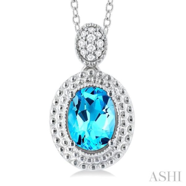 1 20 ctw Oval Cut 8X6 MM Blue Topaz and Round Cut Diamond Semi Precious Pendant With Chain in Sterling Silver Sale