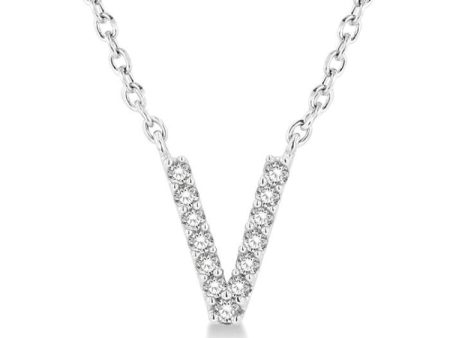 1 20 Ctw Initial  V  Round Cut Diamond Pendant With Chain in 14K White Gold For Discount