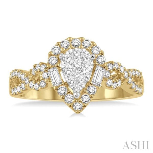 1 2 Ctw Pear Shape Bow Shank Lovebright Round and Baguette Diamond Ring in 14K Yellow and White gold Online now