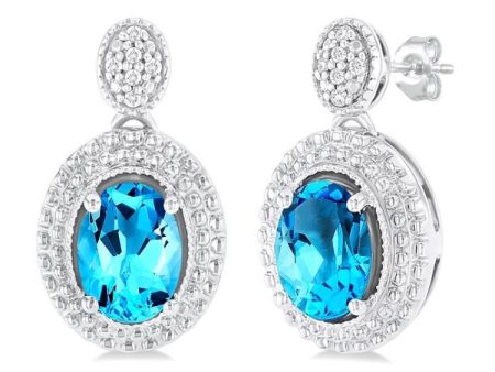 1 20 ctw Oval Cut 7X5 MM Blue Topaz and Round Cut Diamond Semi Precious Earring in Sterling Silver Fashion