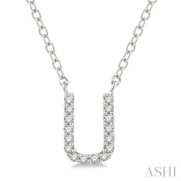 1 20 Ctw Initial  U  Round Cut Diamond Pendant With Chain in 14K White Gold Cheap