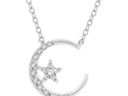 1 10 Ctw Crescent Moon and Star Round Cut Petite Diamond Fashion Pendant With Chain in 10K White Gold Discount