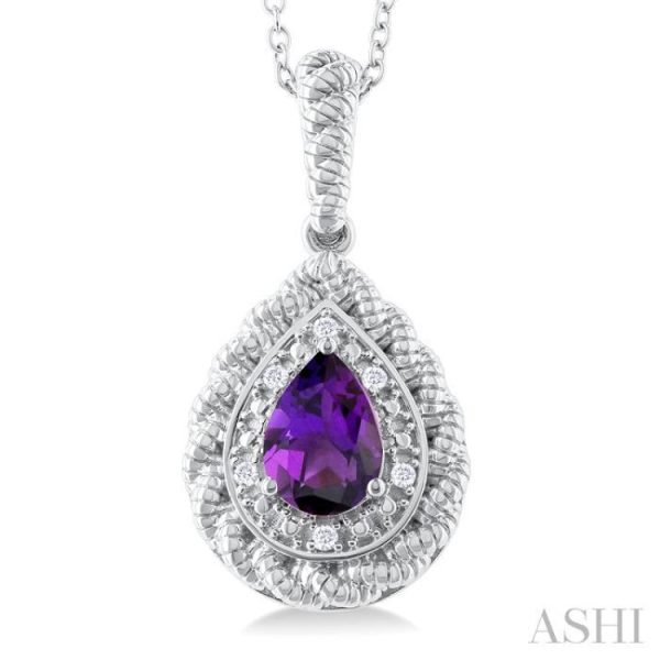 1 20 ctw Pear Cut 7X5 MM Amethyst and Round Cut Diamond Semi Precious Pendant With Chain in Sterling Silver on Sale