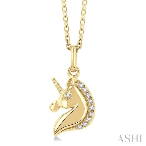 1 20 ctw Petite Unicorn Round Cut Diamond Fashion Pendant With Chain in 10K Yellow Gold For Sale