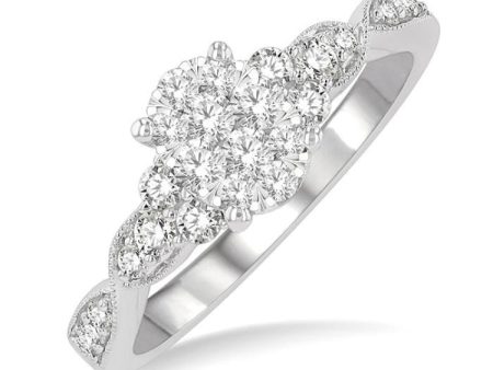 1 2 ctw Oval Shape Center Crisscross Carved Shank Lovebright Round Cut Diamond Engagement Ring in 14K White Gold on Sale