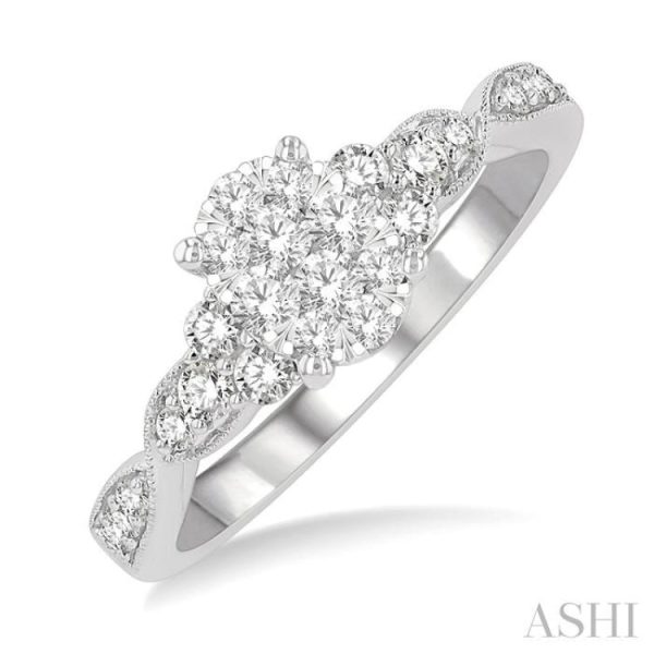 1 2 ctw Oval Shape Center Crisscross Carved Shank Lovebright Round Cut Diamond Engagement Ring in 14K White Gold on Sale