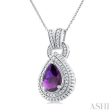 1 20 ctw Pear Cut 10X7 MM Amethyst and Round Cut Diamond Semi Precious Pendant With Chain in Sterling Silver For Discount