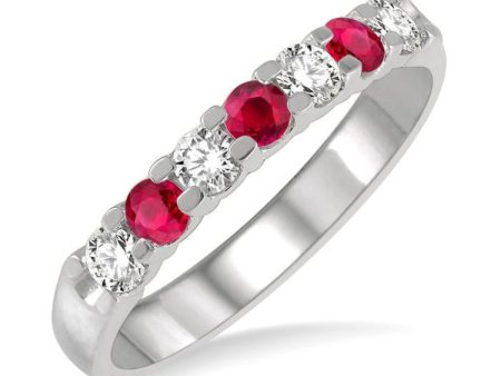 1 4 ctw Round Cut Diamond and 2.6MM Ruby Precious Wedding Band in 14K White Gold Online Sale