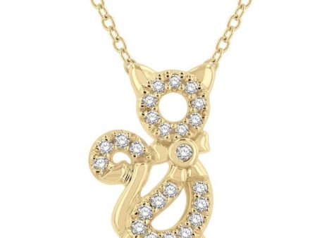 1 10 Ctw Cat Motif Petite Round Cut Diamond Fashion Pendant With Chain in 10K Yellow Gold Sale