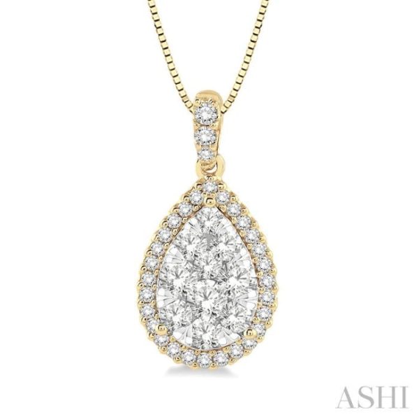 1 3 Ctw Pear Shape Diamond Lovebright Pendant in 14K Yellow and White Gold with Chain For Sale