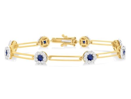 1 1 5 ctw Lovebright 3.00MM Sapphire and Round Cut Diamond Paper Clip Bracelet in 14K Yellow and White Gold For Cheap