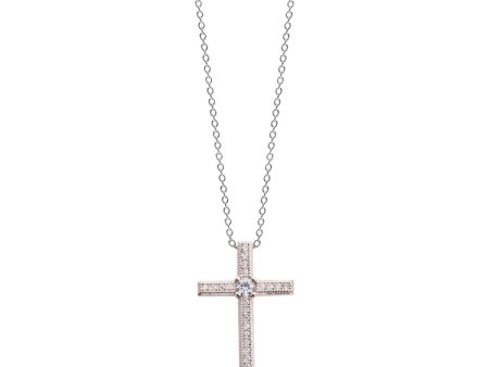 Platinum Finish Sterling Silver Micropave Thin Cross Pendant with 65 Simulated Diamonds on 18  Cable Chain For Sale