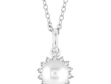 1 10 ctw Petite 6X6 MM Cultured Pearl and Round Cut Diamond Fashion Pendant With Chain in 10K White Gold Cheap