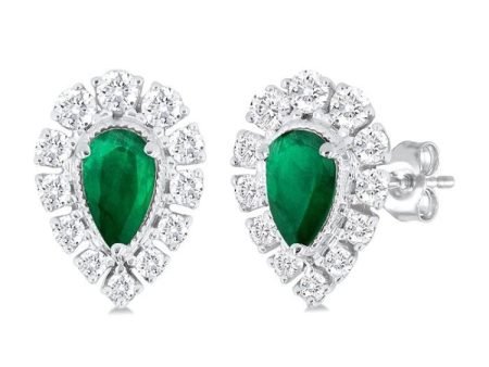 1 3 ctw Pear Cut 5x3 MM Emerald and Round Cut Diamond Precious Stud Earring in 14K White Gold Online now