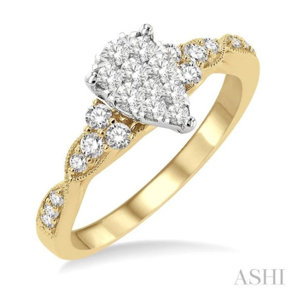 1 2 ctw Pear Shape Center Crisscross Carved Shank Lovebright Round Cut Diamond Engagement Ring in 14K Yellow and White gold Online