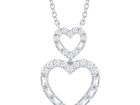 1 3 ctw Twin Heart Fusion Baguette and Round Cut Diamond Necklace in 10K White Gold For Discount