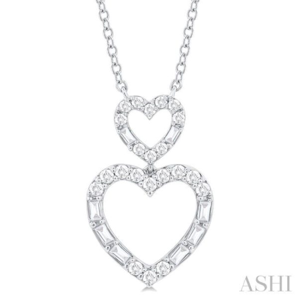 1 3 ctw Twin Heart Fusion Baguette and Round Cut Diamond Necklace in 10K White Gold For Discount