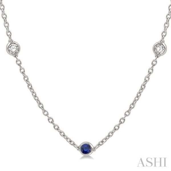 1 2 ctw Round Cut Diamond and 2.85MM Sapphire Precious Station Necklace in 14K White Gold on Sale