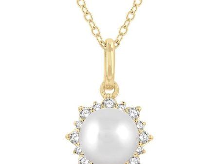 1 10 ctw Petite Sun 6X6 MM Cultured Pearl and Round Cut Diamond Fashion Pendant With Chain in 10K Yellow Gold For Discount