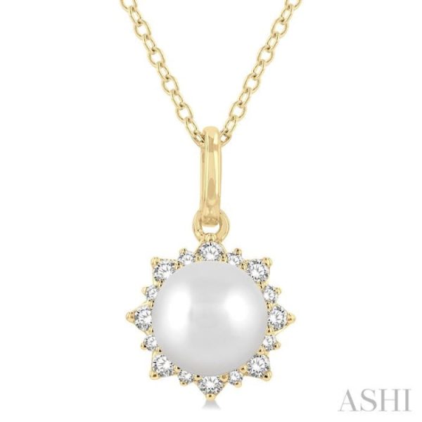 1 10 ctw Petite Sun 6X6 MM Cultured Pearl and Round Cut Diamond Fashion Pendant With Chain in 10K Yellow Gold For Discount