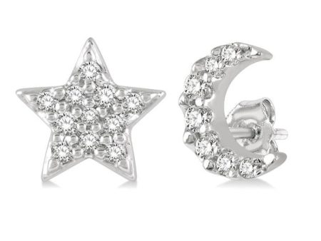 1 10 Ctw Star & Crescent Mix Round Cut Diamond Petite Fashion Earring in 10K White Gold Online Sale