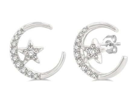 1 10 ctw Crescent Moon and Star Round Cut Petite Diamond Fashion Stud Earring in 10K White Gold Online Sale