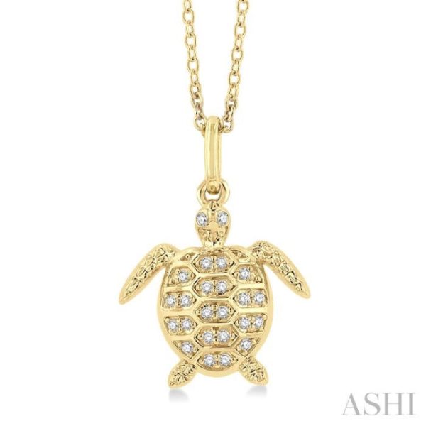 1 10 ctw Petite Sealife Turtle Round Cut Diamond Fashion Pendant With Chain in 10K Yellow Gold For Sale