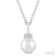 1 20 ctw Petite 6X6 MM Cultured Pearl and Round Cut Diamond Crown Fashion Pendant With Chain in 10K White Gold Fashion