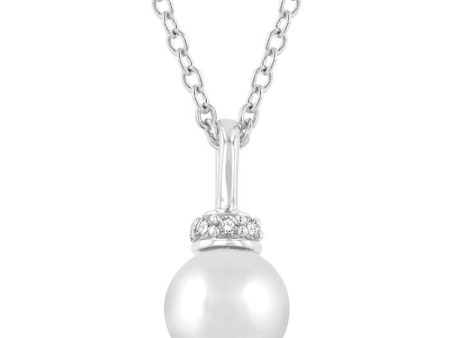 1 20 ctw Petite 6X6 MM Cultured Pearl and Round Cut Diamond Crown Fashion Pendant With Chain in 10K White Gold Fashion