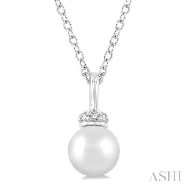 1 20 ctw Petite 6X6 MM Cultured Pearl and Round Cut Diamond Crown Fashion Pendant With Chain in 10K White Gold Fashion