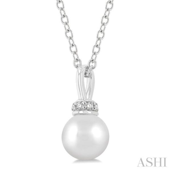 1 20 ctw Petite 6X6 MM Cultured Pearl and Round Cut Diamond Crown Fashion Pendant With Chain in 10K White Gold Fashion