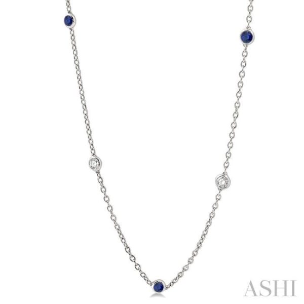 1 2 ctw Round Cut Diamond and 2.85MM Sapphire Precious Station Necklace in 14K White Gold on Sale