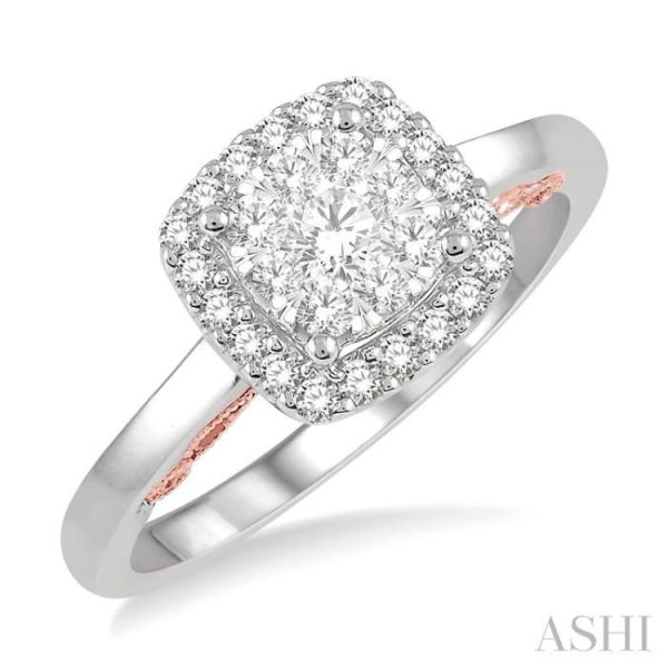 1 2 Ctw Cushion Shape Lovebright Round Cut Diamond Ring in 14K White and Rose Gold Supply