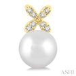 1 20 ctw Petite 4-Petal Flower 5.5 MM Cultured Pearls and Round Cut Diamond Fashion Stud Earring in 10K Yellow Gold For Sale