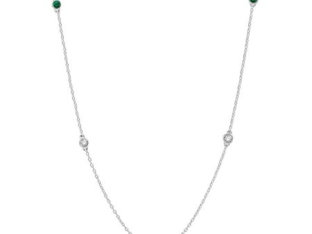 3 8 ctw Round Cut Diamond and 2.6MM Emerald Precious Station Necklace in 14K White Gold on Sale