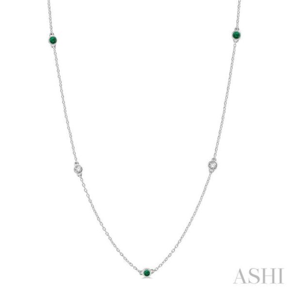 3 8 ctw Round Cut Diamond and 2.6MM Emerald Precious Station Necklace in 14K White Gold on Sale