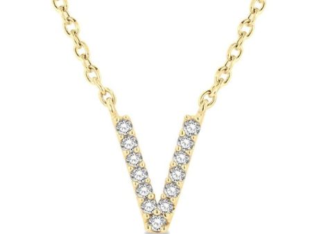 1 20 Ctw Initial  V  Round Cut Diamond Pendant With Chain in 14K Yellow Gold For Sale