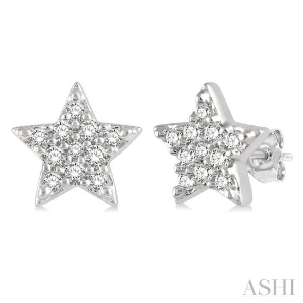 1 10 Ctw Star Round Cut Diamond Petite Fashion Earring in 14K White Gold For Cheap