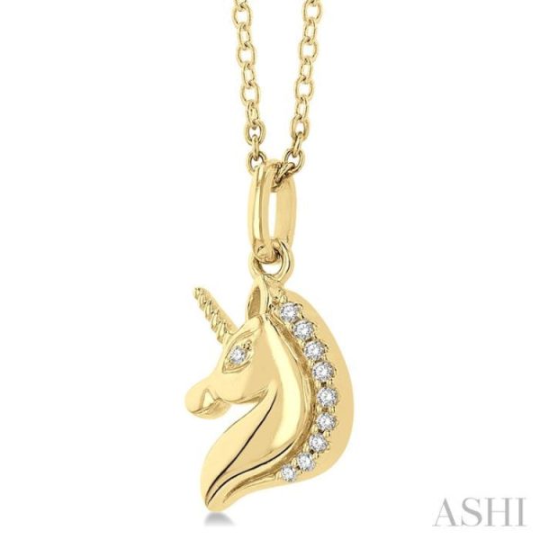 1 20 ctw Petite Unicorn Round Cut Diamond Fashion Pendant With Chain in 10K Yellow Gold For Sale