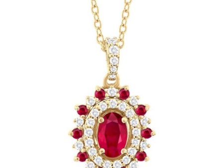 1 4 ctw Floral 6X4 MM Oval & 1.55 MM Round Cut Ruby and Round Cut Diamond Precious Pendant With Chain in 14K Yellow Gold For Sale