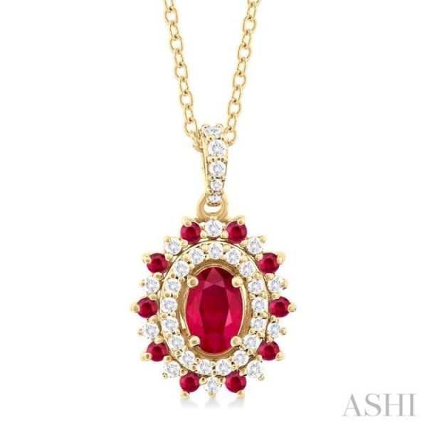 1 4 ctw Floral 6X4 MM Oval & 1.55 MM Round Cut Ruby and Round Cut Diamond Precious Pendant With Chain in 14K Yellow Gold For Sale