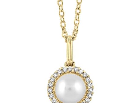 1 20 ctw Petite Round Cut Diamond Halo and 6X6 MM Cultured Pearl Fashion Pendant With Chain in 10K Yellow Gold For Cheap