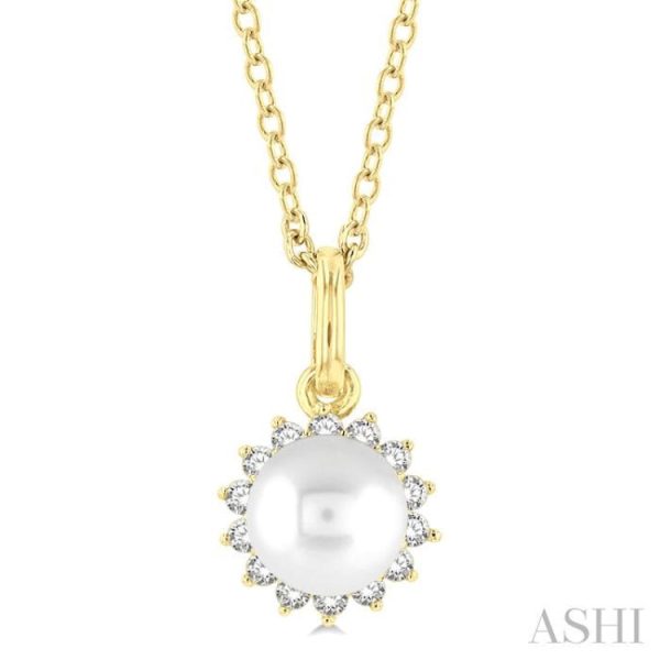 1 10 ctw Petite 6X6 MM Cultured Pearl and Round Cut Diamond Fashion Pendant With Chain in 10K Yellow Gold Supply