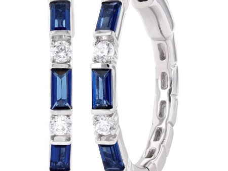 1 3 ctw Art Deco 4X2 MM Baguette Cut Sapphire and Round Cut Diamond Precious Hoop Earring in 14K White Gold Cheap