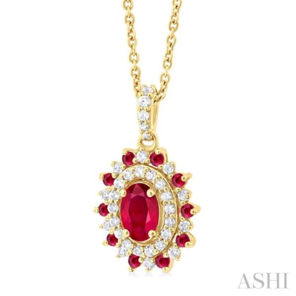 1 4 ctw Floral 6X4 MM Oval & 1.55 MM Round Cut Ruby and Round Cut Diamond Precious Pendant With Chain in 14K Yellow Gold For Sale